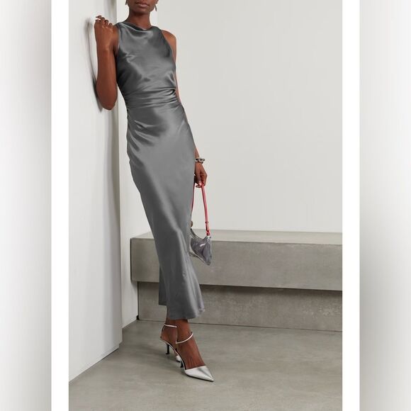 Reformation Casette Maxi Silk Dress “Shale” Open Back Cut-out Sz10 NWT